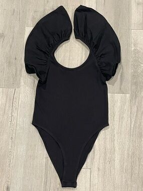 ZARA Black Ruffle Puff Sleeve Bodysuit – Size M